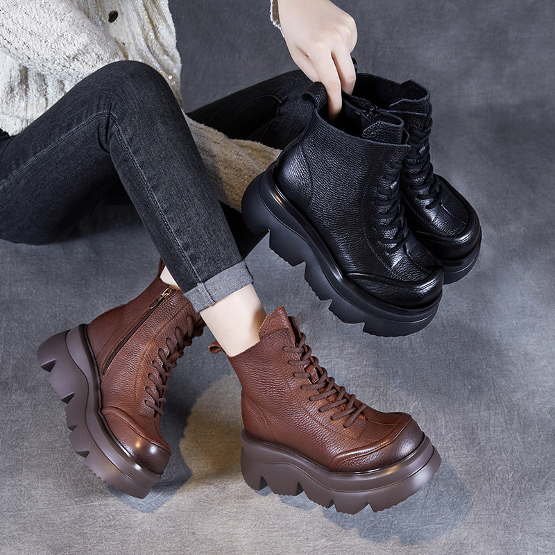 Women Retro Solid Leather Chunky Platform Boots-RAIIFY