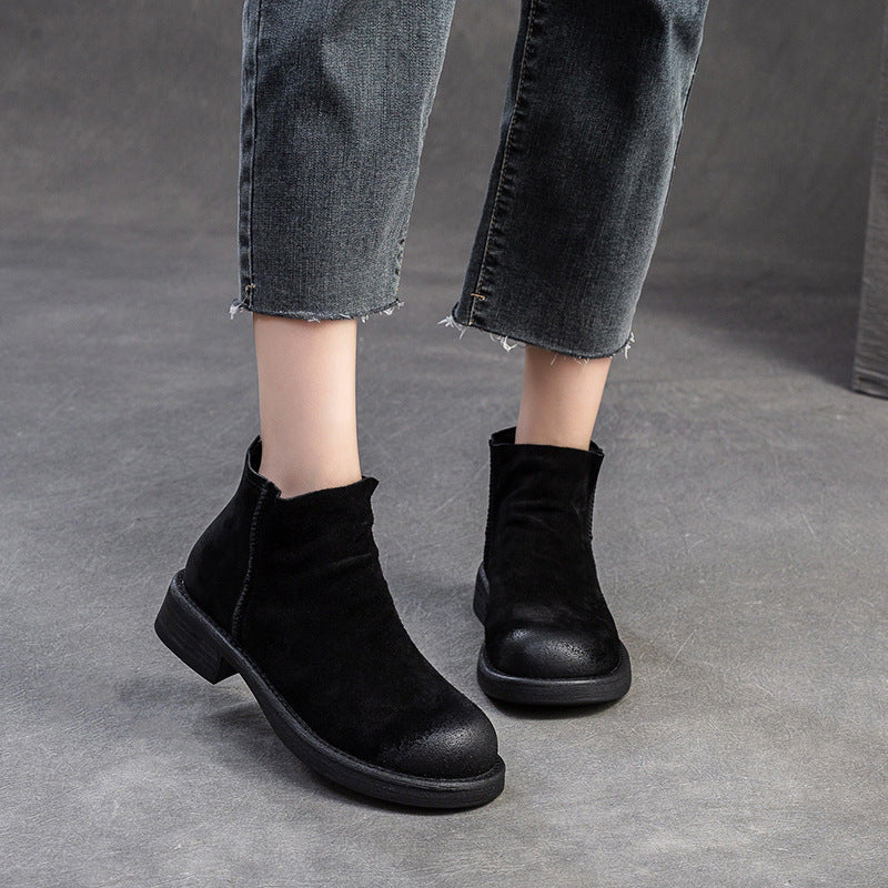 Women Retro Solid Nubuck Back Zipper Ankle Boots-RAIIFY