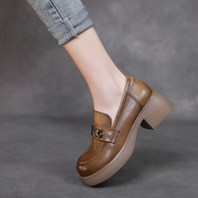 Women Retro Classic Leather Chunky Heel Loafers-RAIIFY