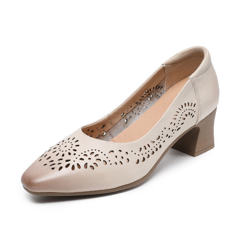 Women Hollow Leather Point Toe Chunky Heel Pumps-RAIIFY
