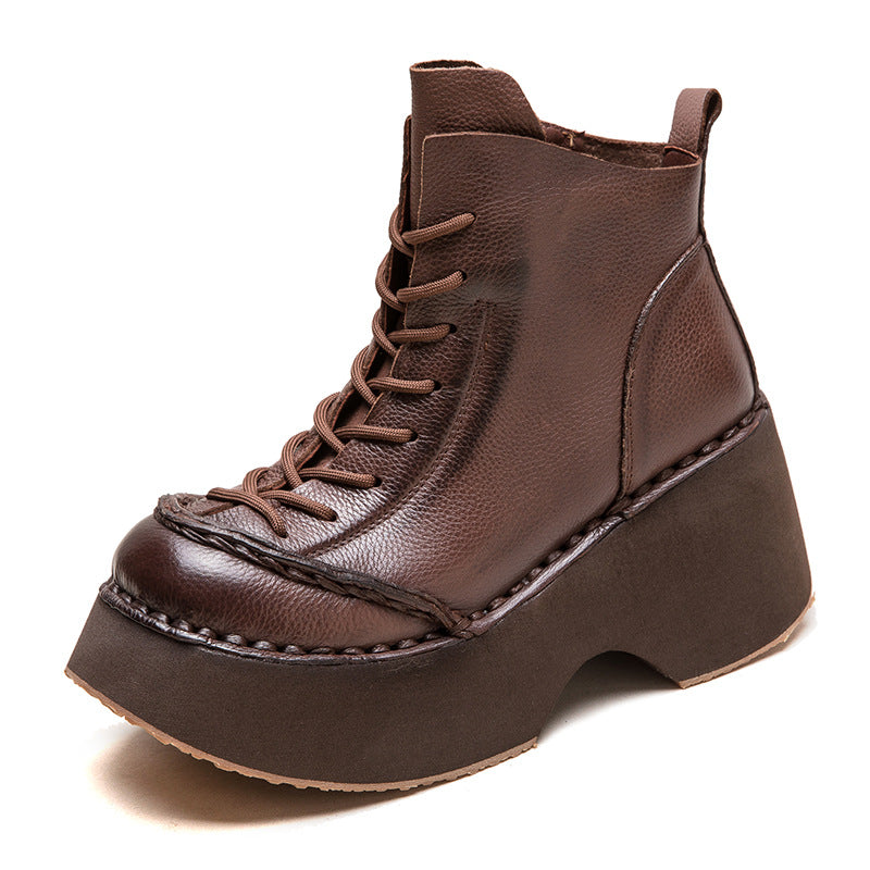 Women Retro Minimalism Leather Chunky Platform Boots-RAIIFY