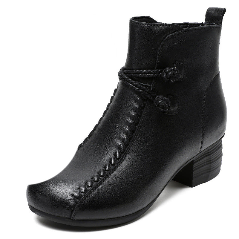 Women's Retro Leather Winter Furred Low Block Ankle Boots-RAIIFY