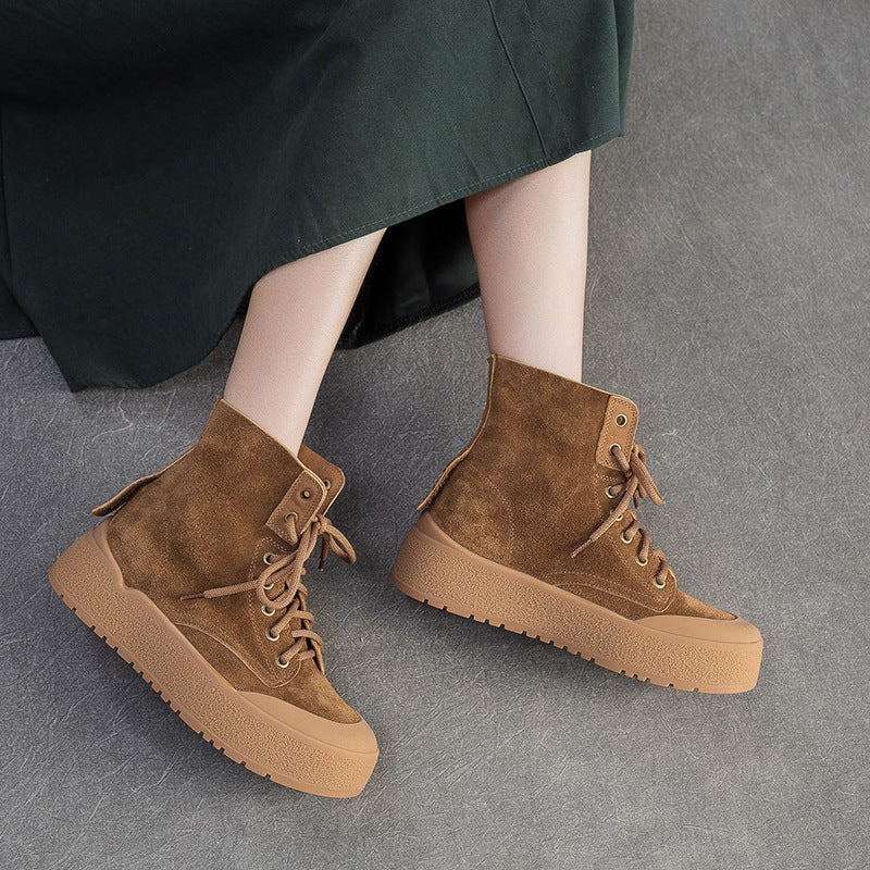Women's Plain Soft Leather Flat Casual Ankle Boots-RAIIFY