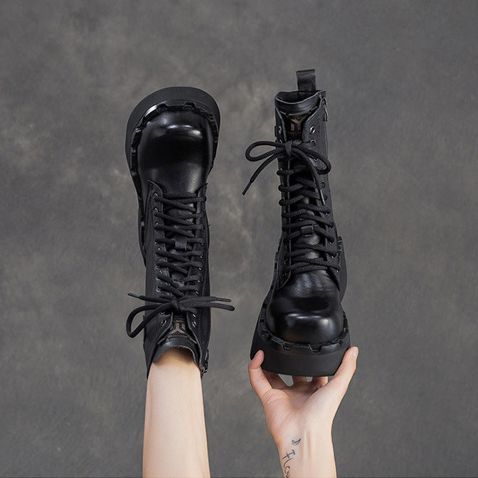 Women's Vintage Leather Platform Mid-Calf Boots-RAIIFY