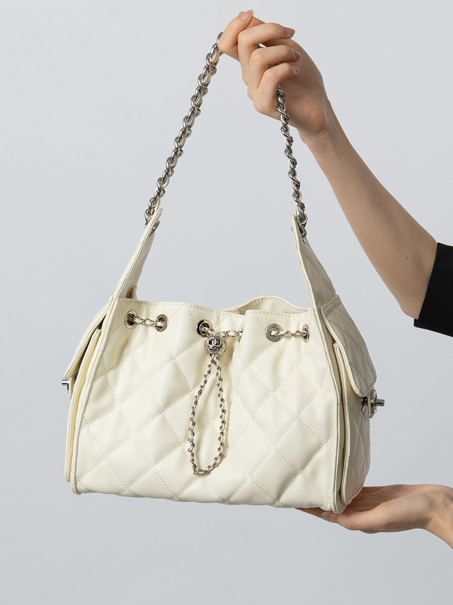 Women's Quilted Leather Chain Strap Bucket Bag-RAIIFY