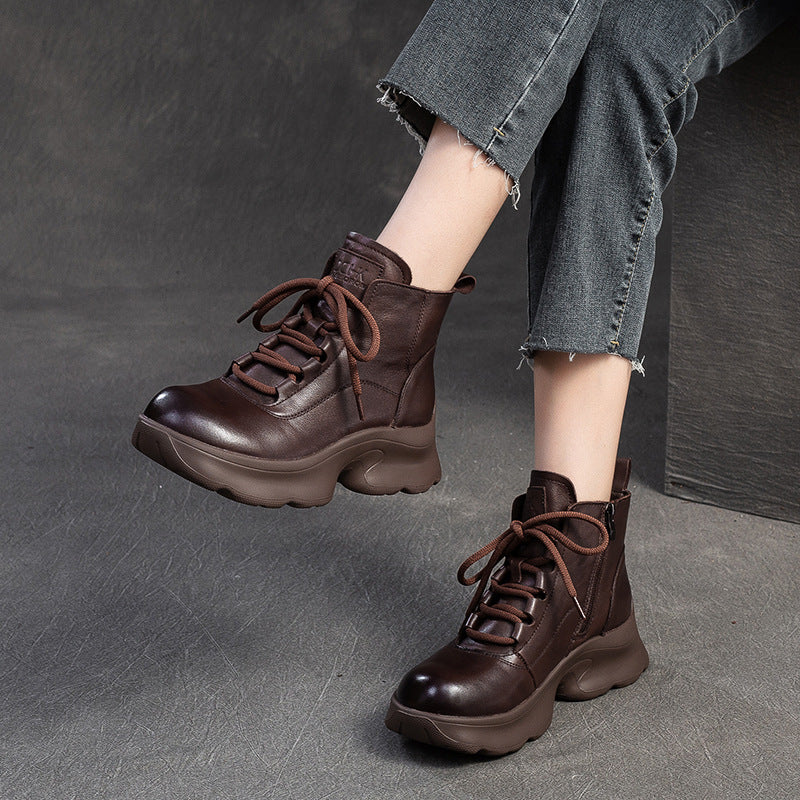 Women Minimalism Solid Leather Platform Ankle Boots-RAIIFY