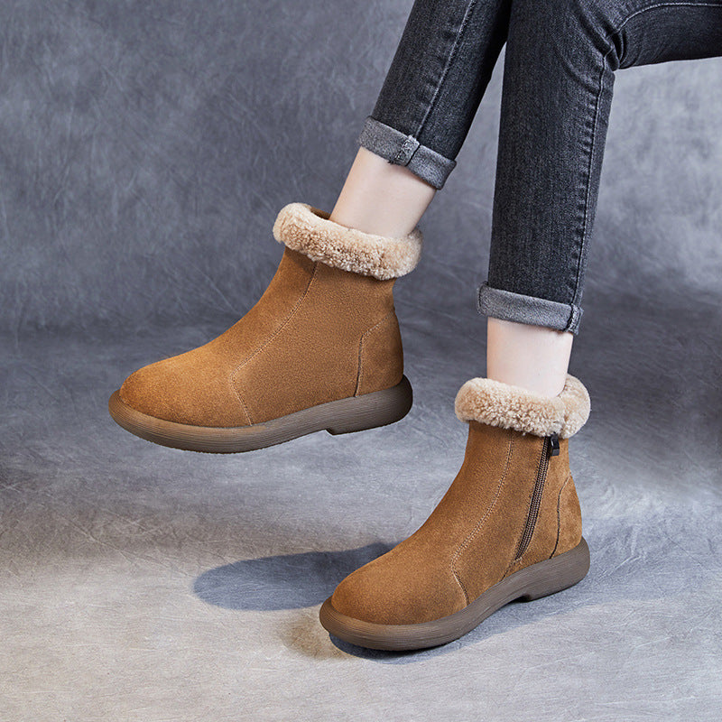 Women Retro Minimalism Solid Suede Flat Snow Boots-RAIIFY