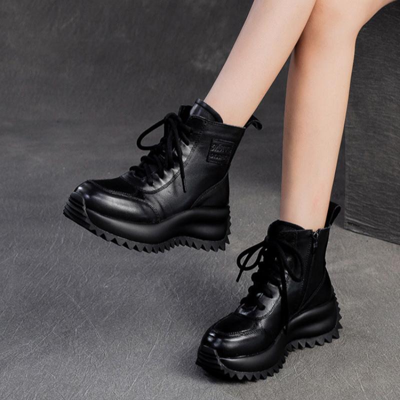 Women Retro Solid Leather Anti-Slip Thick Soled Ankle Boots-RAIIFY