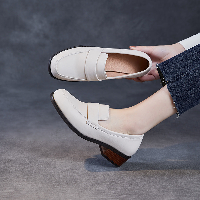 Women Plain Leather Elegant Low Block Loafers-RAIIFY