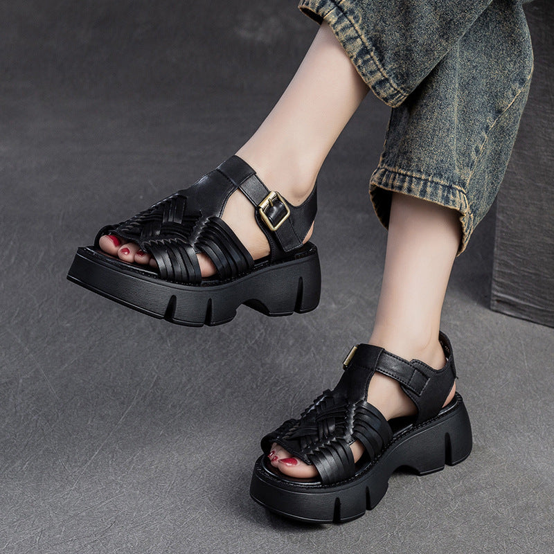 Women Retro Plaited Leather Platform Casual Sandals-RAIIFY