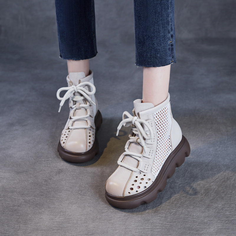 Women Plain Hollow Leather Mesh Platform Boots-RAIIFY