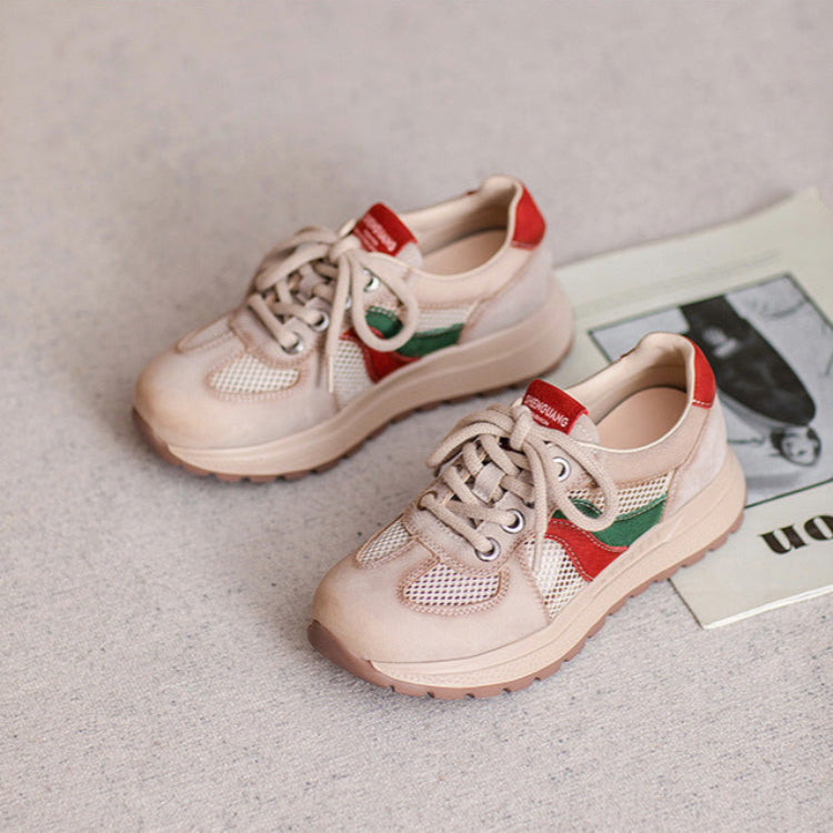 Women Fashion Patchwork Leather Hollow Mesh Casual Shoes-RAIIFY