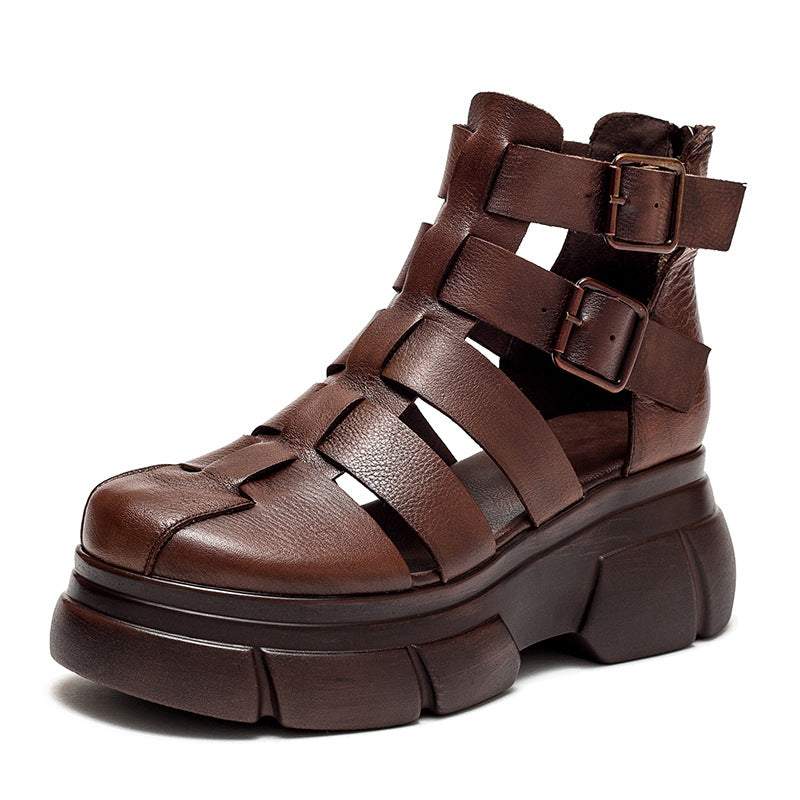 Women's Retro Plaited Leather Platform Bootie Sandals-RAIIFY