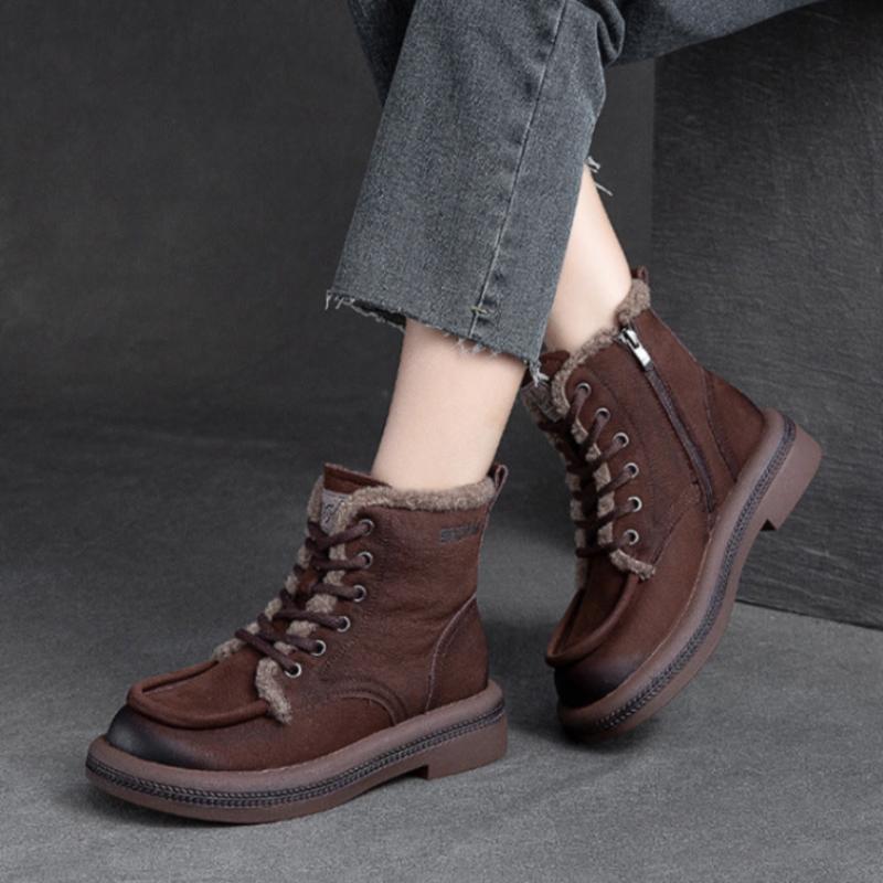 Women Vintage Solid Leather Furred Ankle Snow Boots-RAIIFY