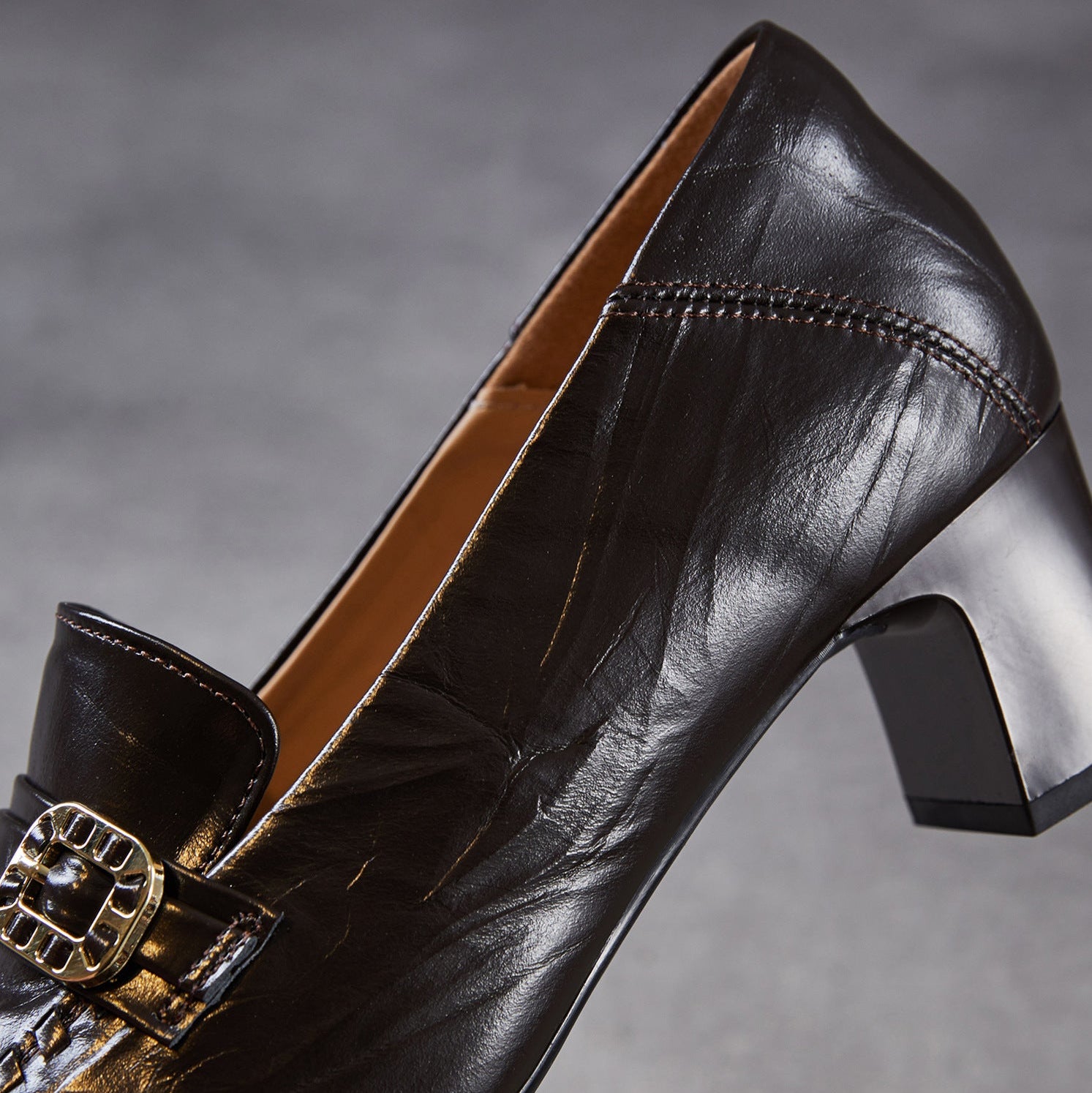 Women's Vintage Leather Block Heel Loafers-RAIIFY