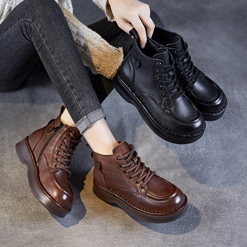 Women Vintage Solid Leather Flat Ankle Boots-RAIIFY