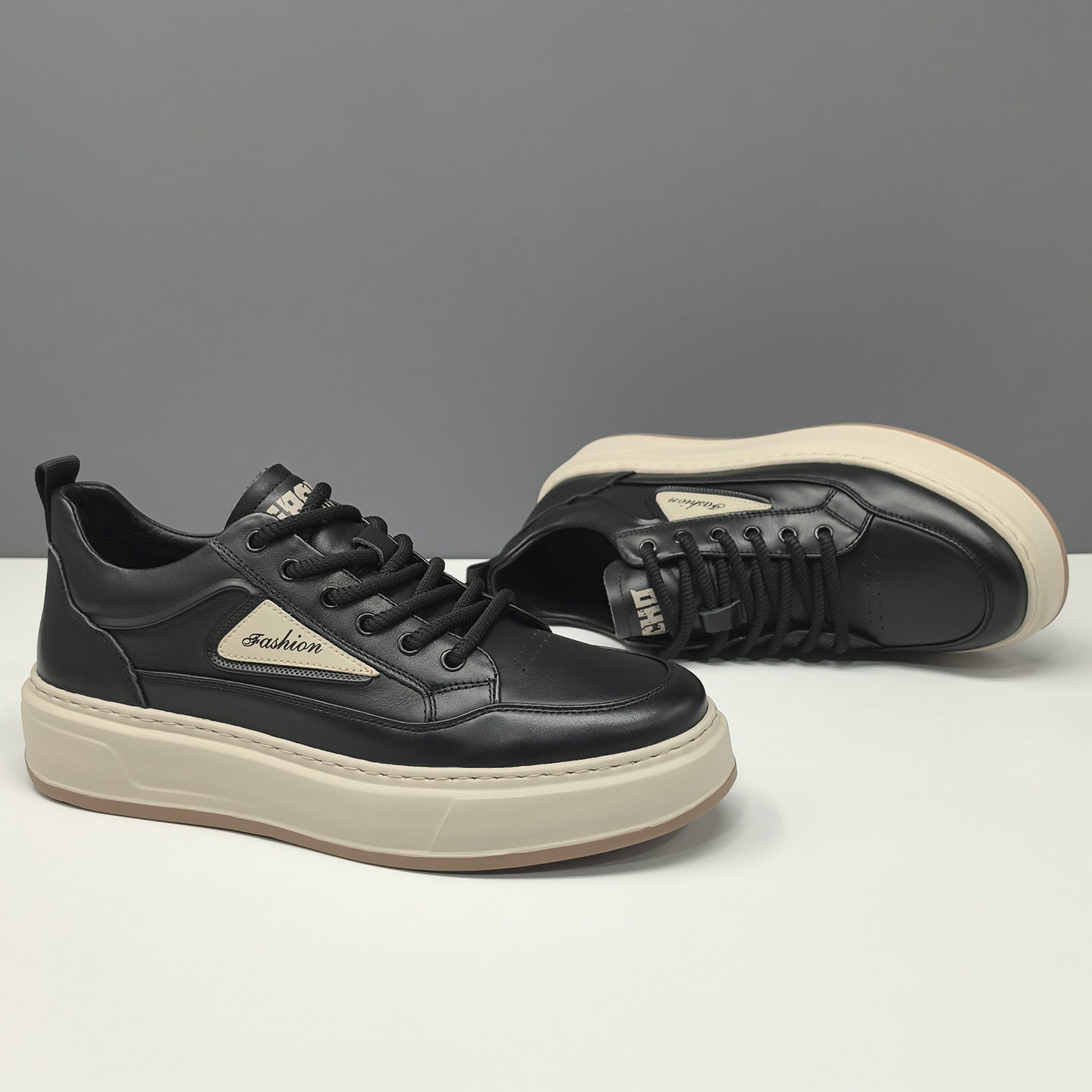 Men Genuine Leather Thick Sole Breathable Patchwork Casual Sneakers-RAIIFY