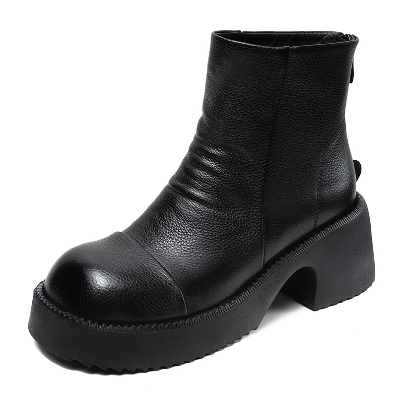 Women Retro Solid Leather Chunky Heel Casual Boots-RAIIFY