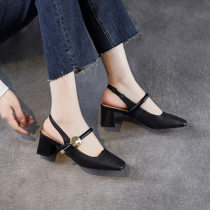 Women Minimalism Plain Leather Round Toe Pump Sandals-RAIIFY