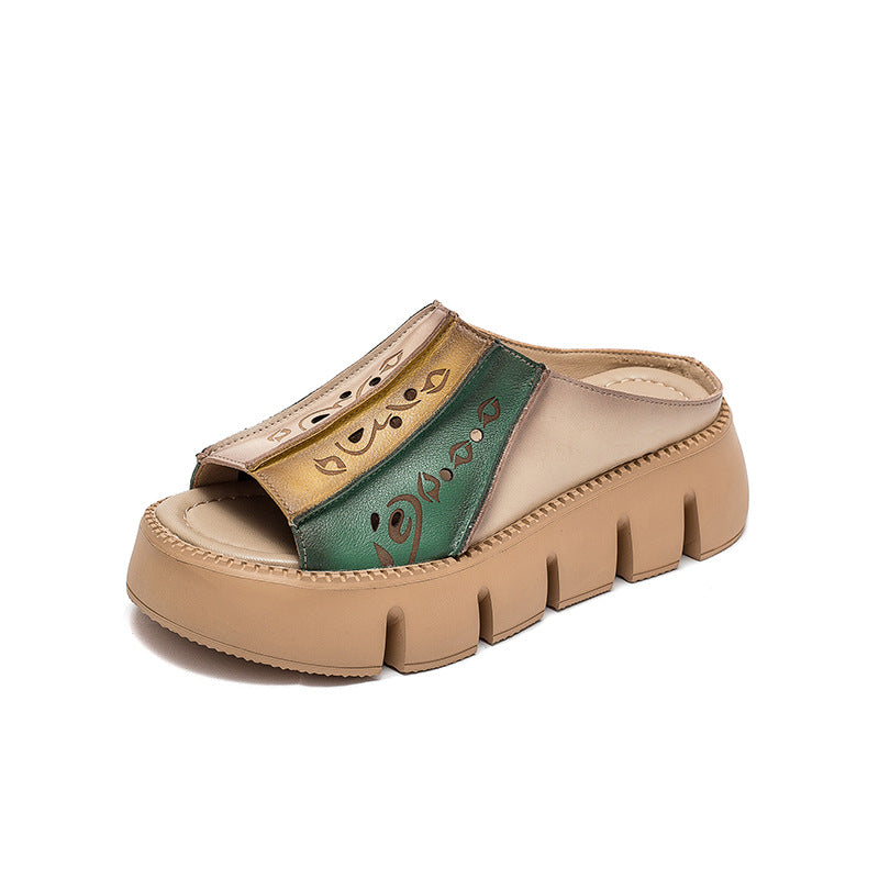 Women's Fashion Color Matching Leather Platform Slides-RAIIFY