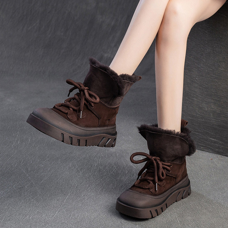 Women Solid Cowhide Warm Casual Woolen Snow Boots-RAIIFY