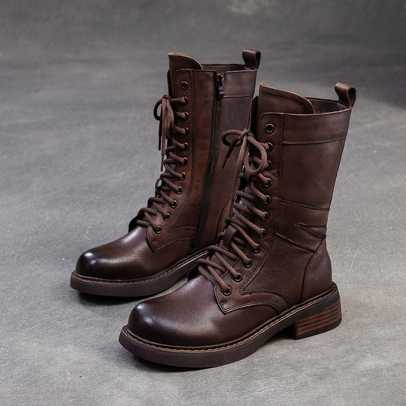 Women Minimalism Leather Mid-Calf Riding Combat Boots-RAIIFY