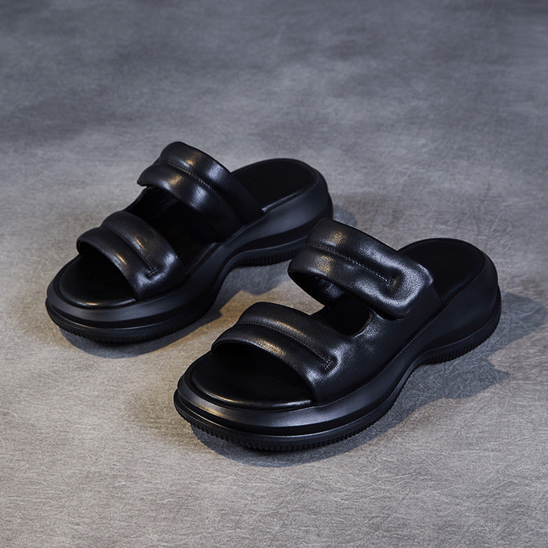 Women Minimalist Soft Leather Casual Summer Slides-RAIIFY