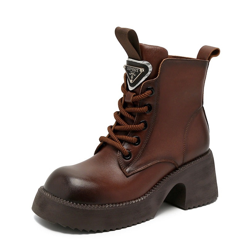 Women Vintage Leather Chunky Platform Boots-RAIIFY