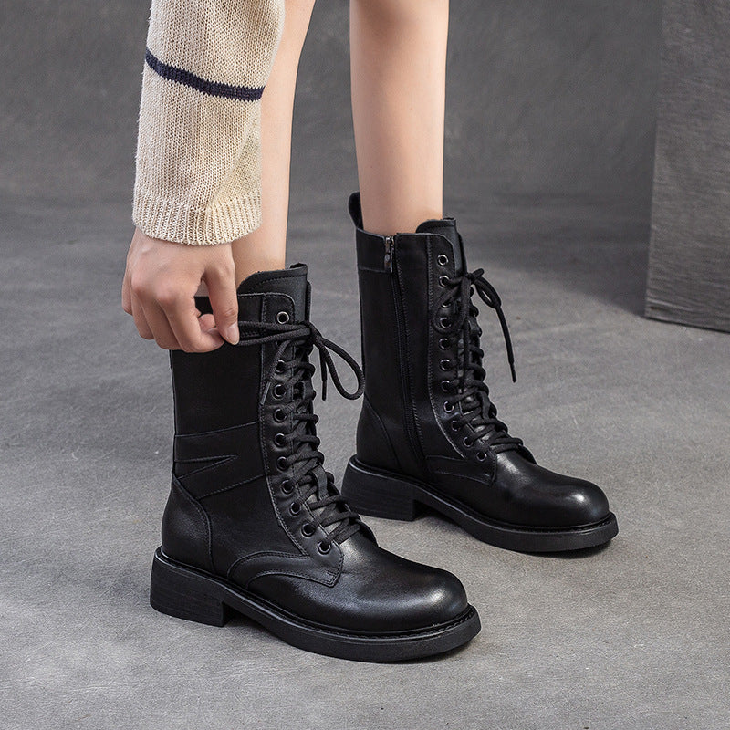 Women Minimalism Leather Mid-Calf Riding Combat Boots-RAIIFY