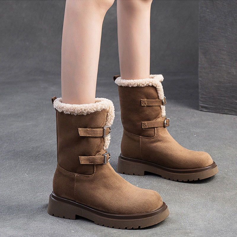 Women Vintage Solid Suede Mid-Calf Snow Boots-RAIIFY