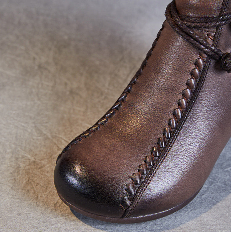 Women's Retro Leather Winter Furred Low Block Ankle Boots-RAIIFY