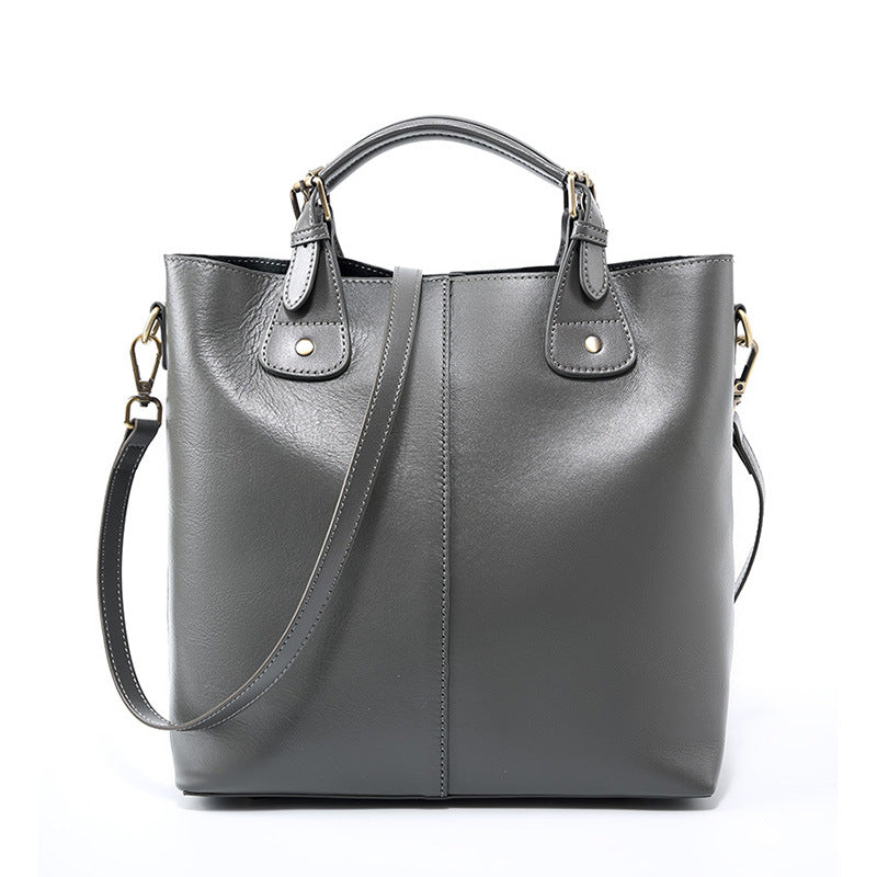 Women Retro Solid Leather Shoulder Tote Bag-RAIIFY