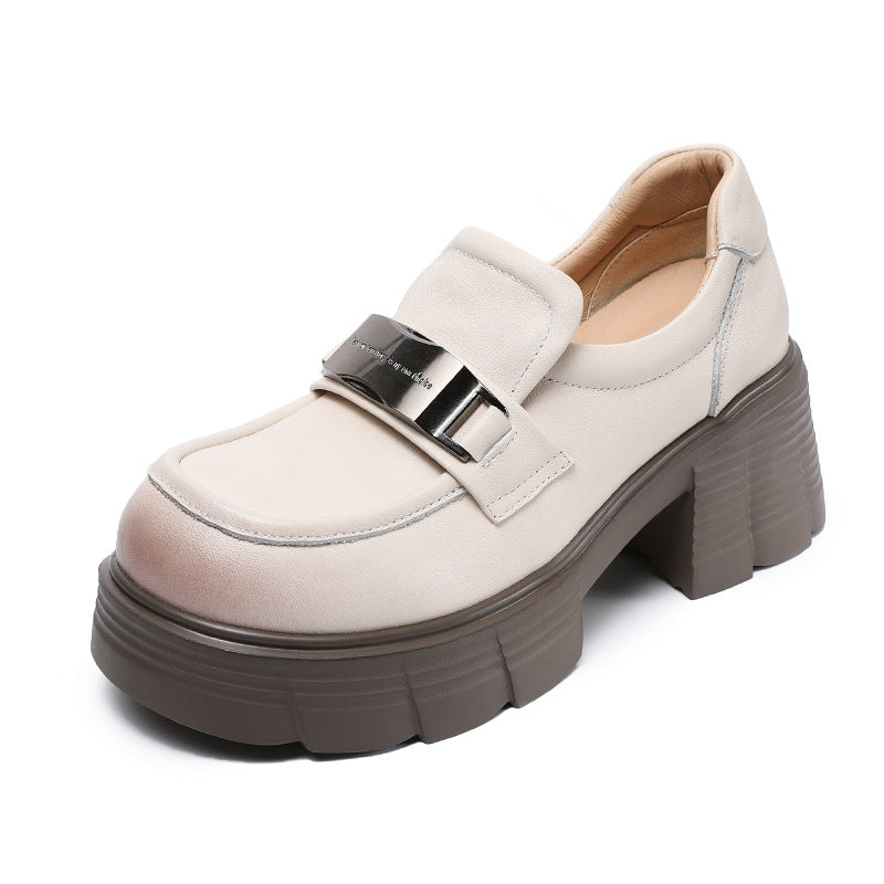 Women Simple Solid Leather Chunky Heel Loafers-RAIIFY