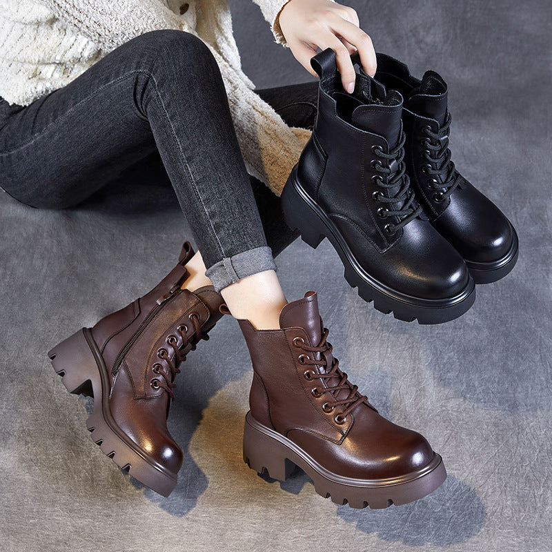 Women Vintage Leather Comfort Platform Boots-RAIIFY