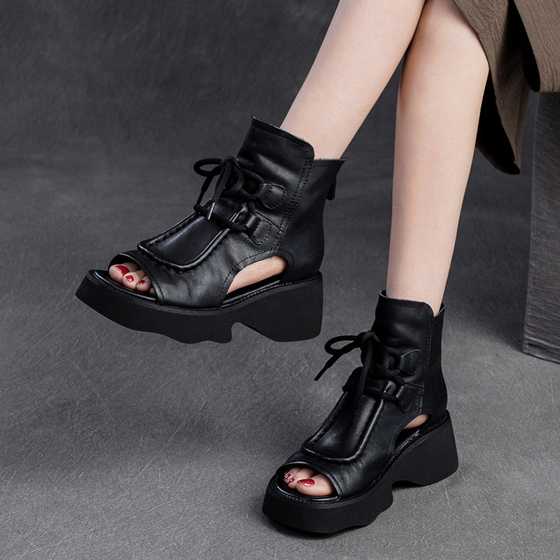 Women Retro Soft Leather High Top Platform Sandals-RAIIFY