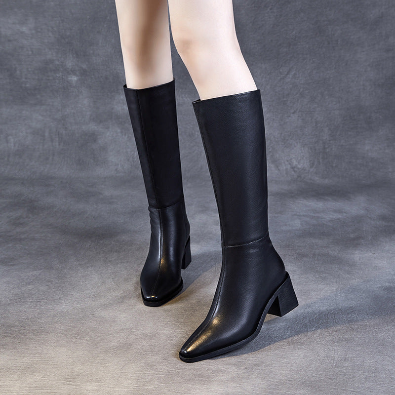 Women Solid Soft Leather Winter High Heel Riding Boots-RAIIFY