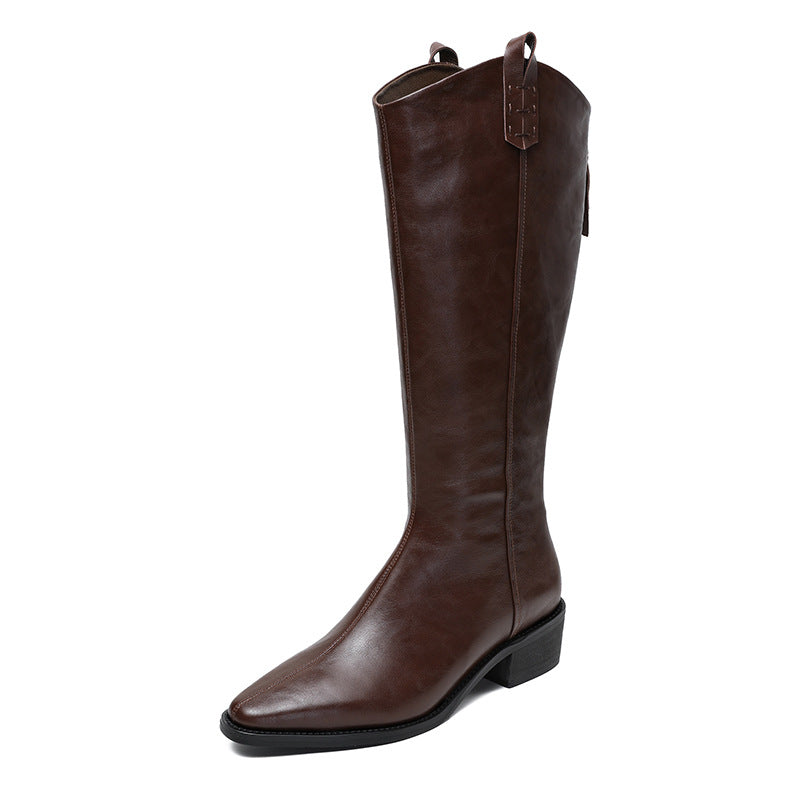 Women's Vintage Leather Pointed Toe Knee High Riding Boots-RAIIFY