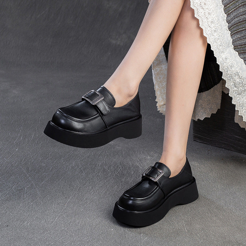 Women Minimalism Solid Leather Platform Casual Loafers-RAIIFY