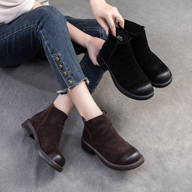 Women Retro Solid Nubuck Back Zipper Ankle Boots-RAIIFY