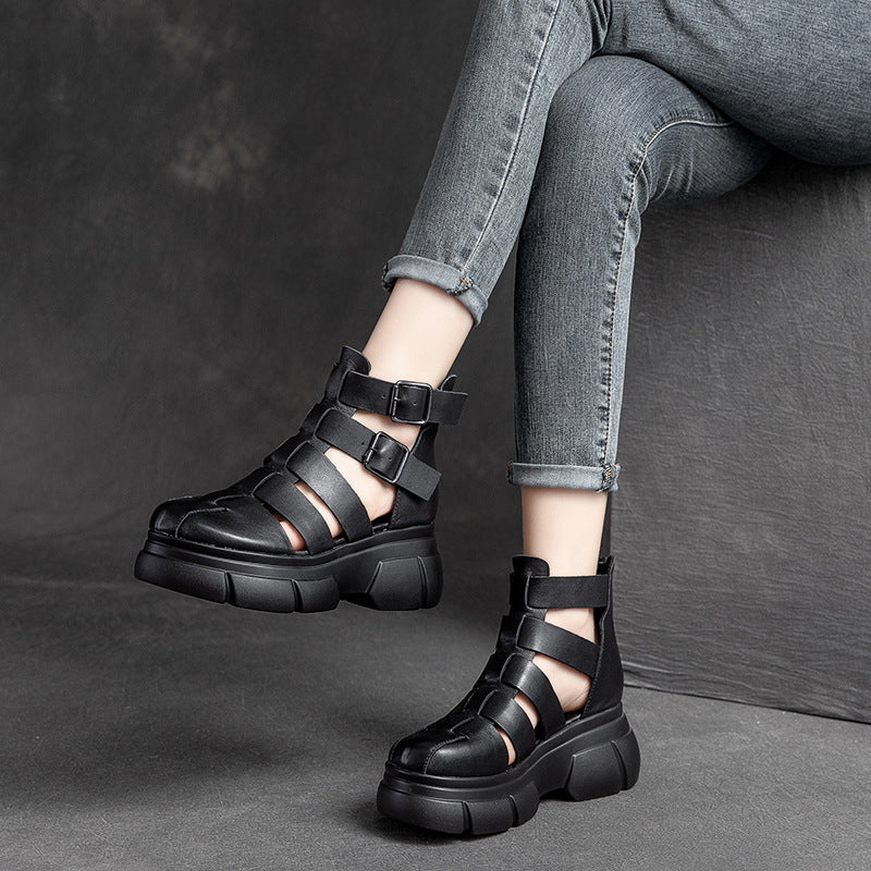 Women's Retro Plaited Leather Platform Bootie Sandals-RAIIFY