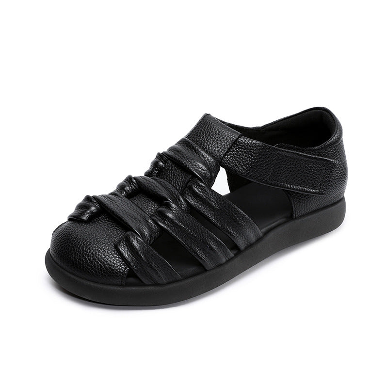 Women's Retro Plain Leather Round Head Velcro Sandals-RAIIFY