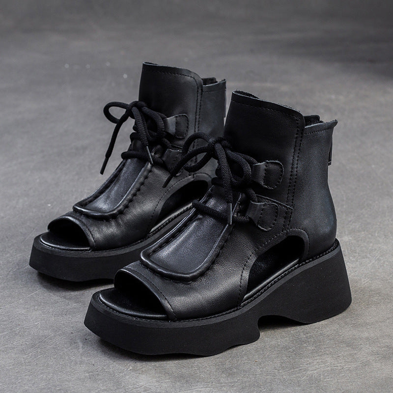 Women Retro Soft Leather High Top Platform Sandals-RAIIFY