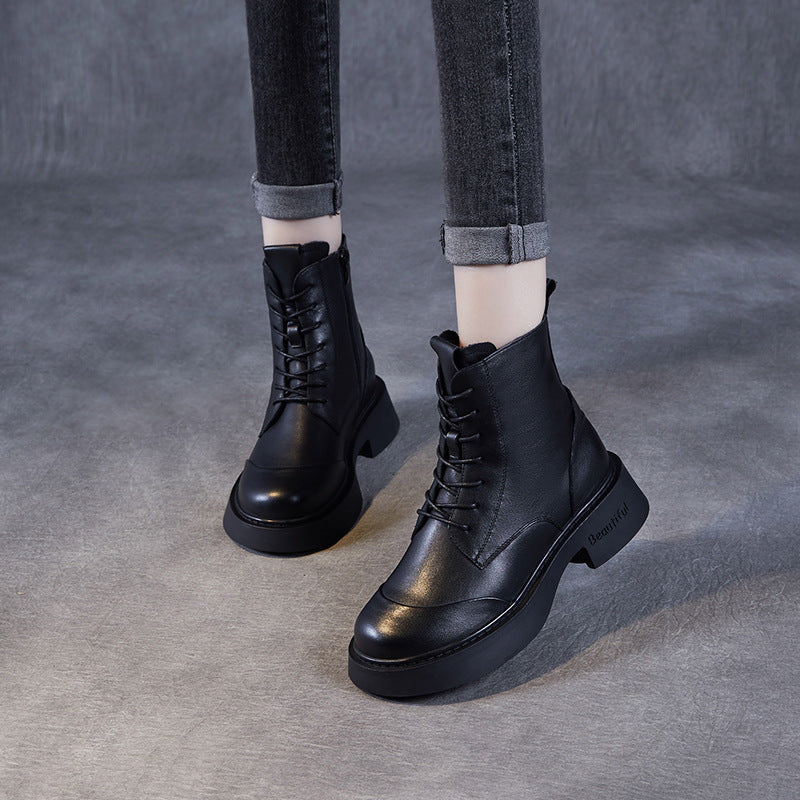 Women Classic Solid Leather Low Block Boots-RAIIFY