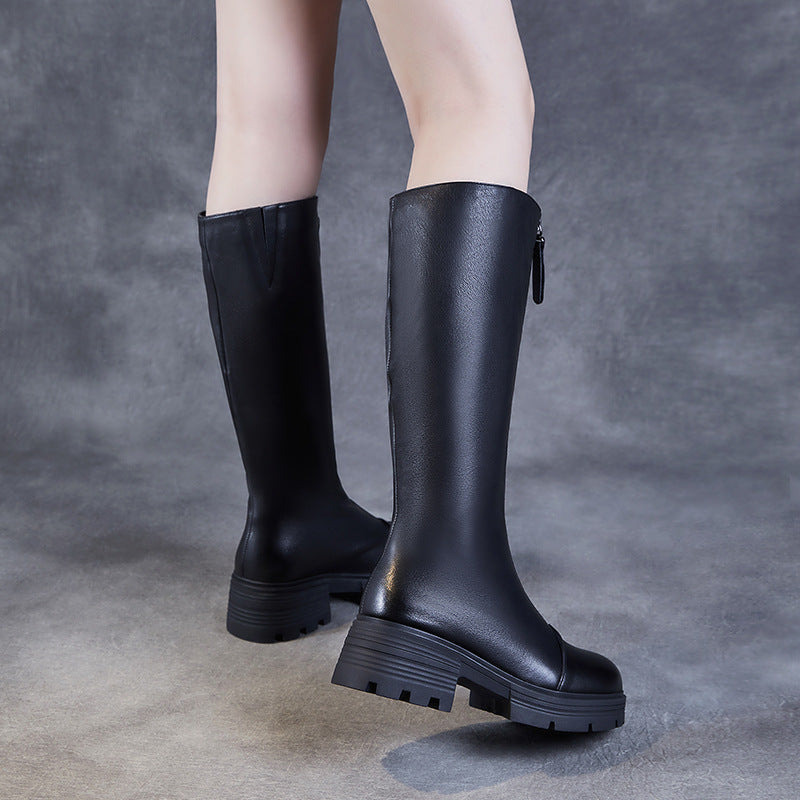 Women's Solid Leather Knee High Riding Boots-RAIIFY