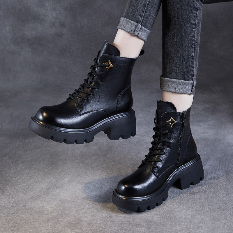 Women Vintage Minimalism Leather Platform Boots-RAIIFY