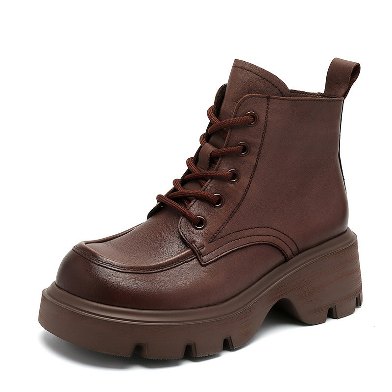 Women Retro Solid Leather Thick Soled Casual Boots-RAIIFY