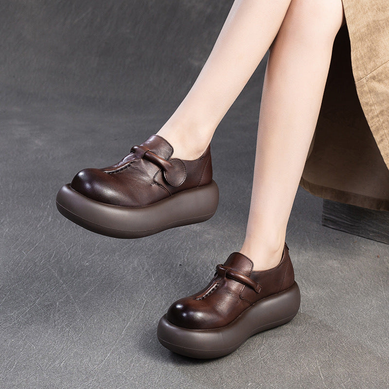 Women Retro Solid Leather Thick Soled Casual Shoes-RAIIFY