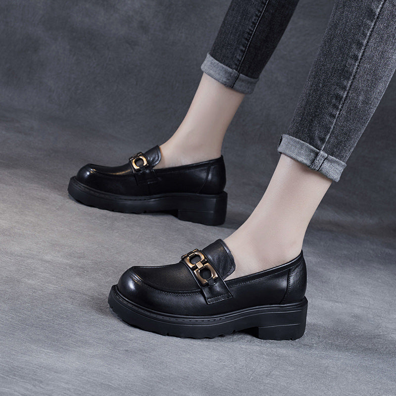 Women Retro Leather Chain Thick Soled Casual Loafers-RAIIFY