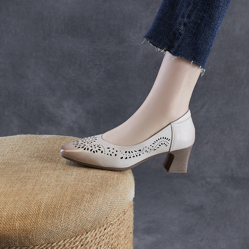 Women Hollow Leather Point Toe Chunky Heel Pumps-RAIIFY