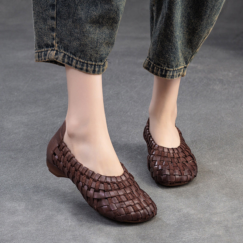 Women Handcraft Plaited Leather Soft Low Block Sandals-RAIIFY